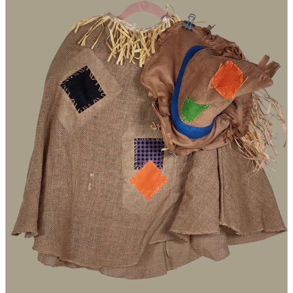 Scarecrow Burlap Cape & Hat Costume Set With Patchwork One Size Fits Most Adults